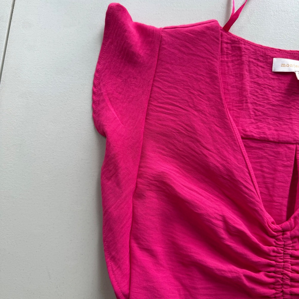 Monteau Los Angeles Women XS Hot Pink Ruched FlutterSleeve Mini Dress Barbiecore - Picture 9 of 13
